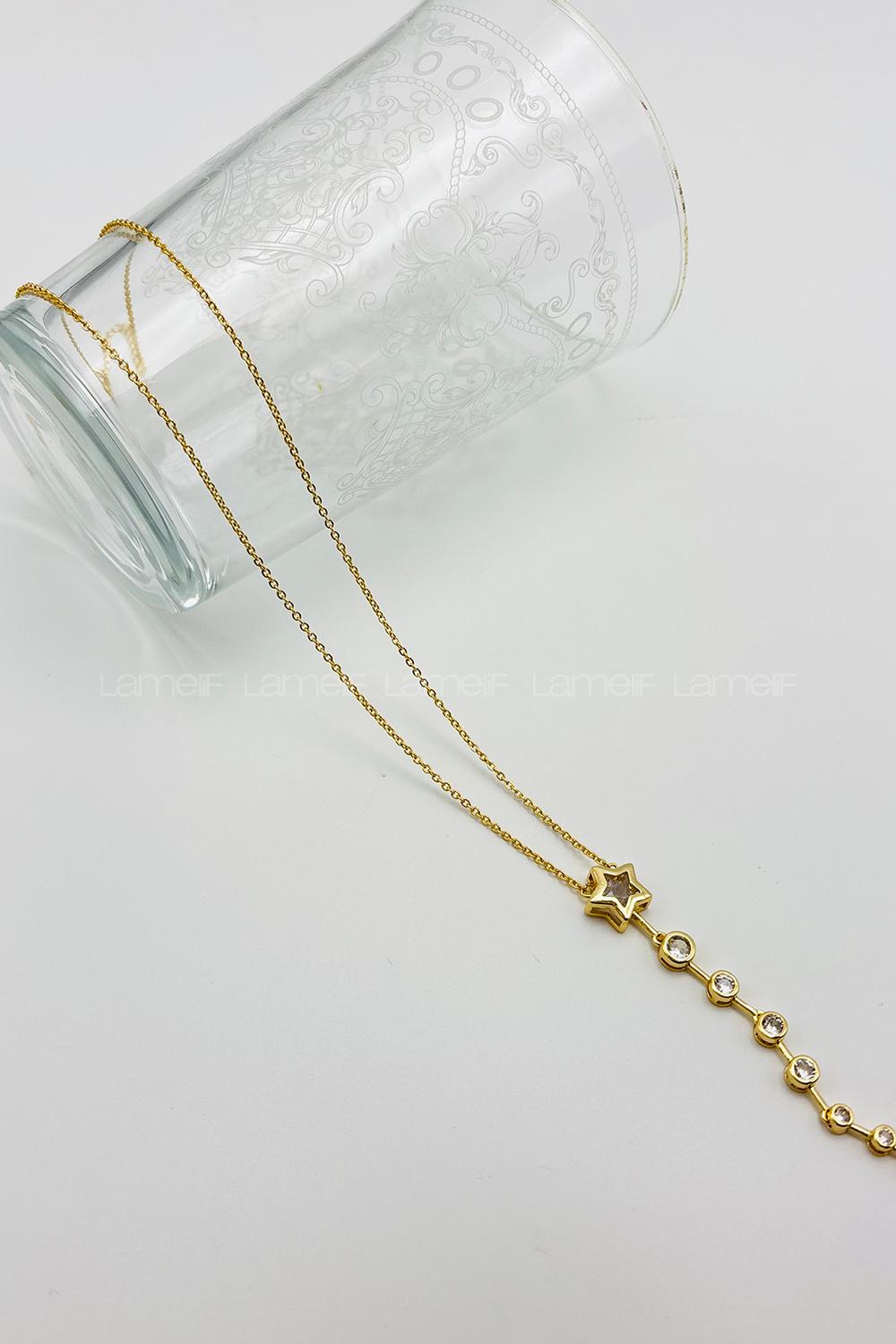 Lamelif Gold Yıldız Kristal Taşlı Y Kolye