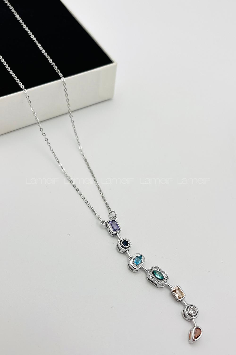 Lamelif Gümüş Çokrenkli Minimalist Kristal Taşlı Y Kolye