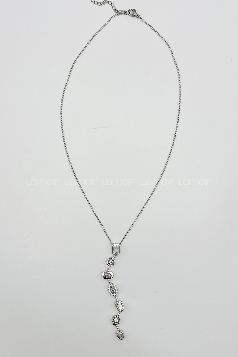 Lamelif Gümüş Minimalist Kristal Taşlı Y Kolye