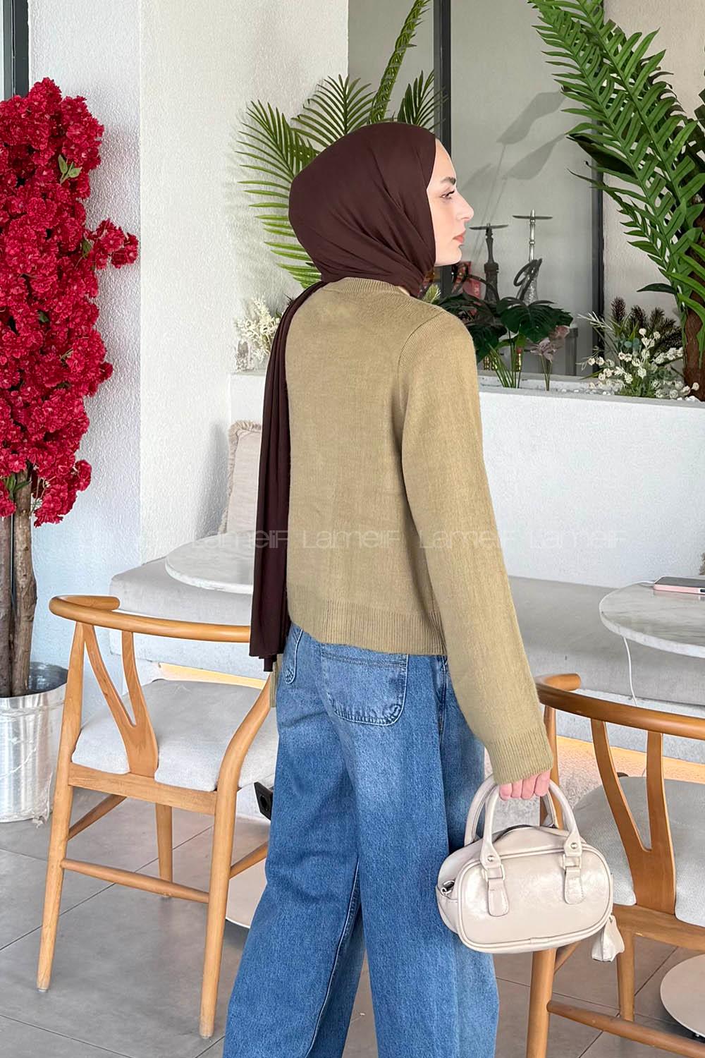 Khaki Crew Neck Long Arm Acrylic Cotton Cardigan