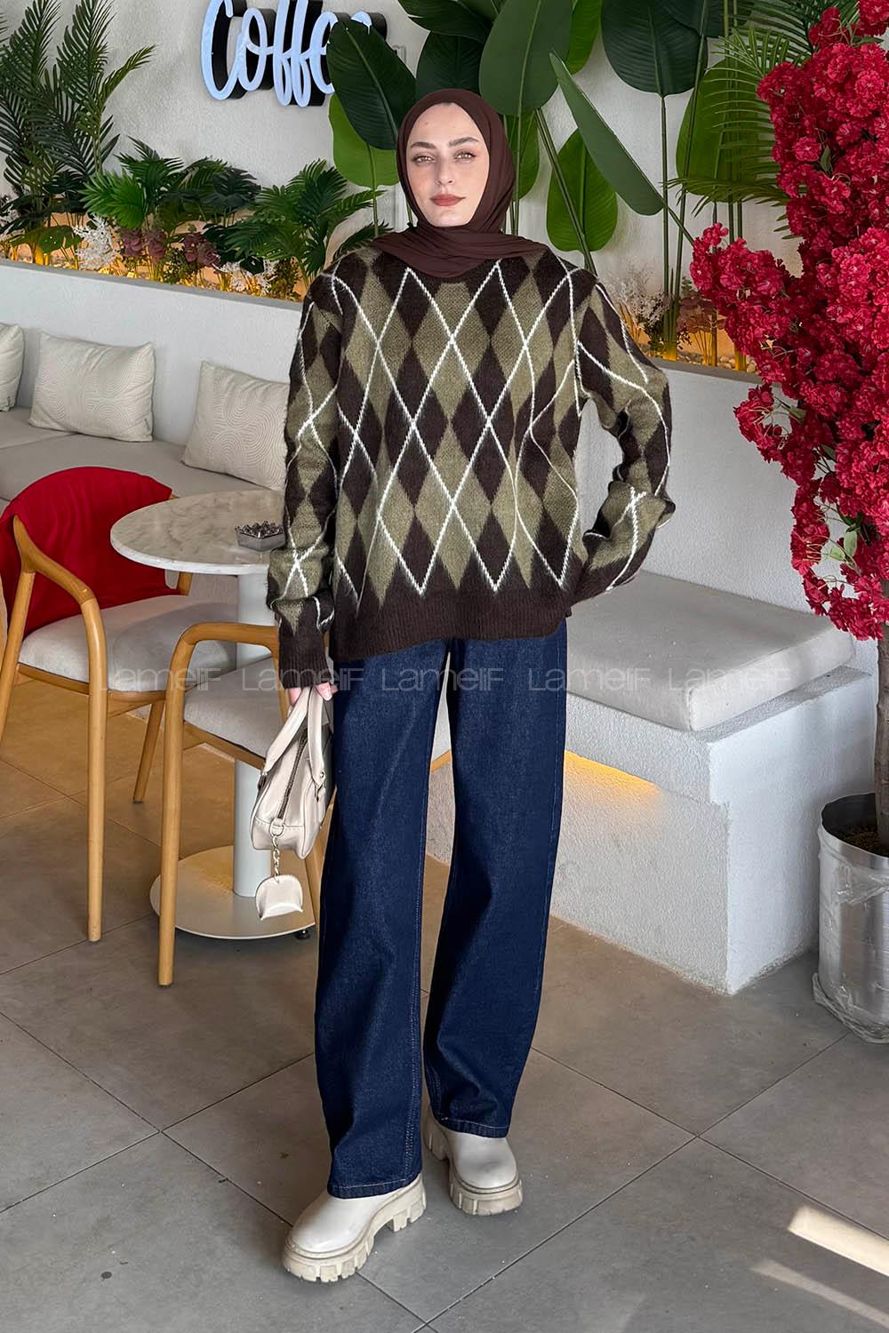 Lamelif Baklava Desen Şardonlu Kazak Acı Kahve