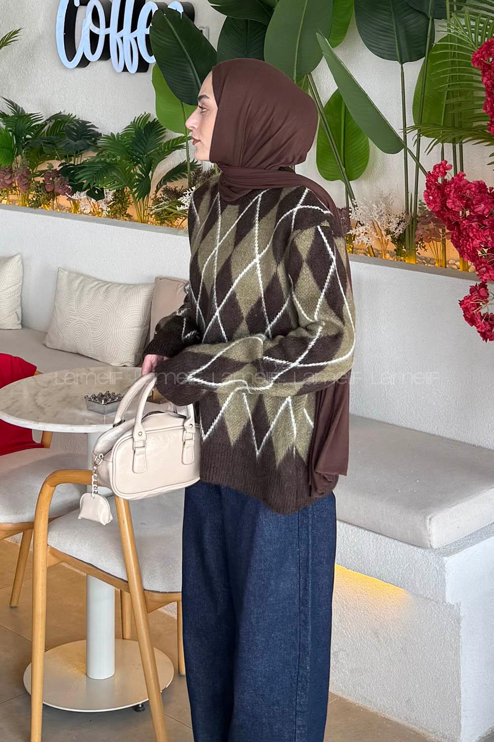 Lamelif Baklava Desen Şardonlu Kazak Acı Kahve