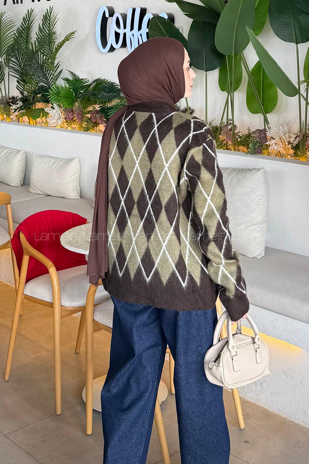 Lamelif Baklava Desen Şardonlu Kazak Acı Kahve