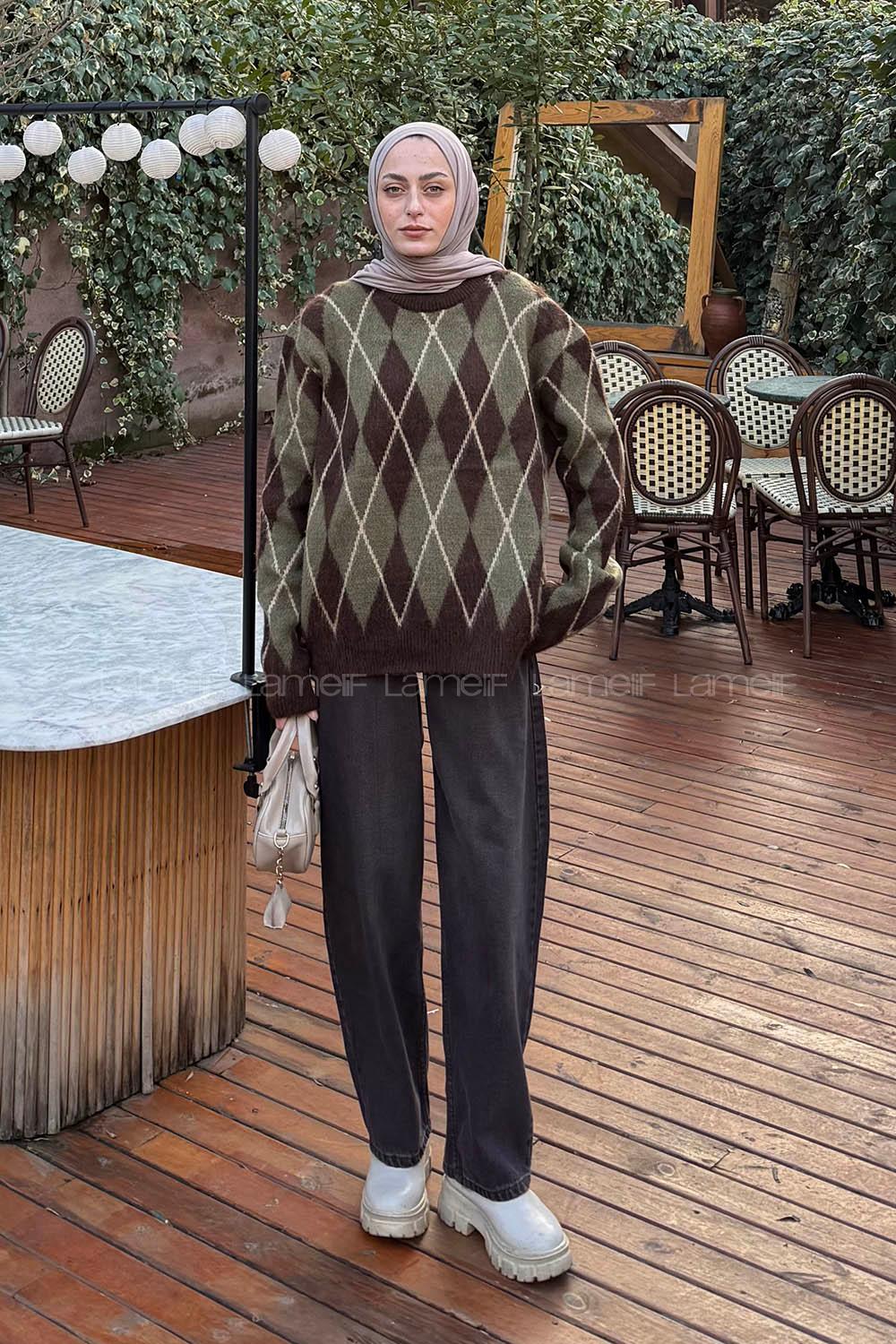 Lamelif Baklava Desen Şardonlu Kazak Kahverengi