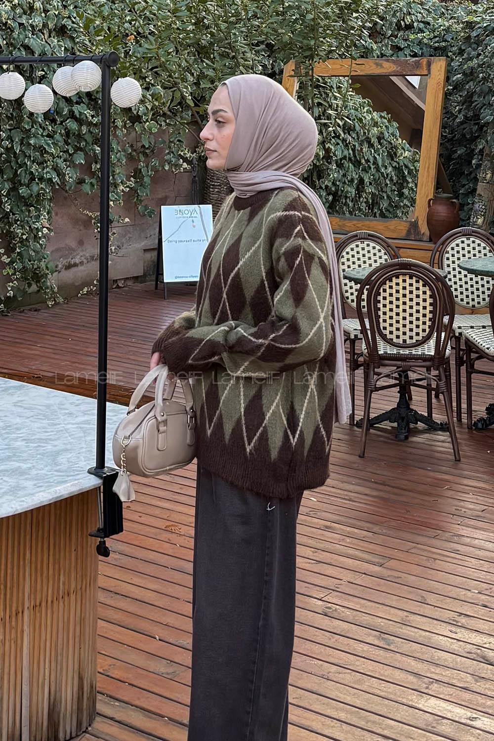 Lamelif Baklava Desen Şardonlu Kazak Kahverengi