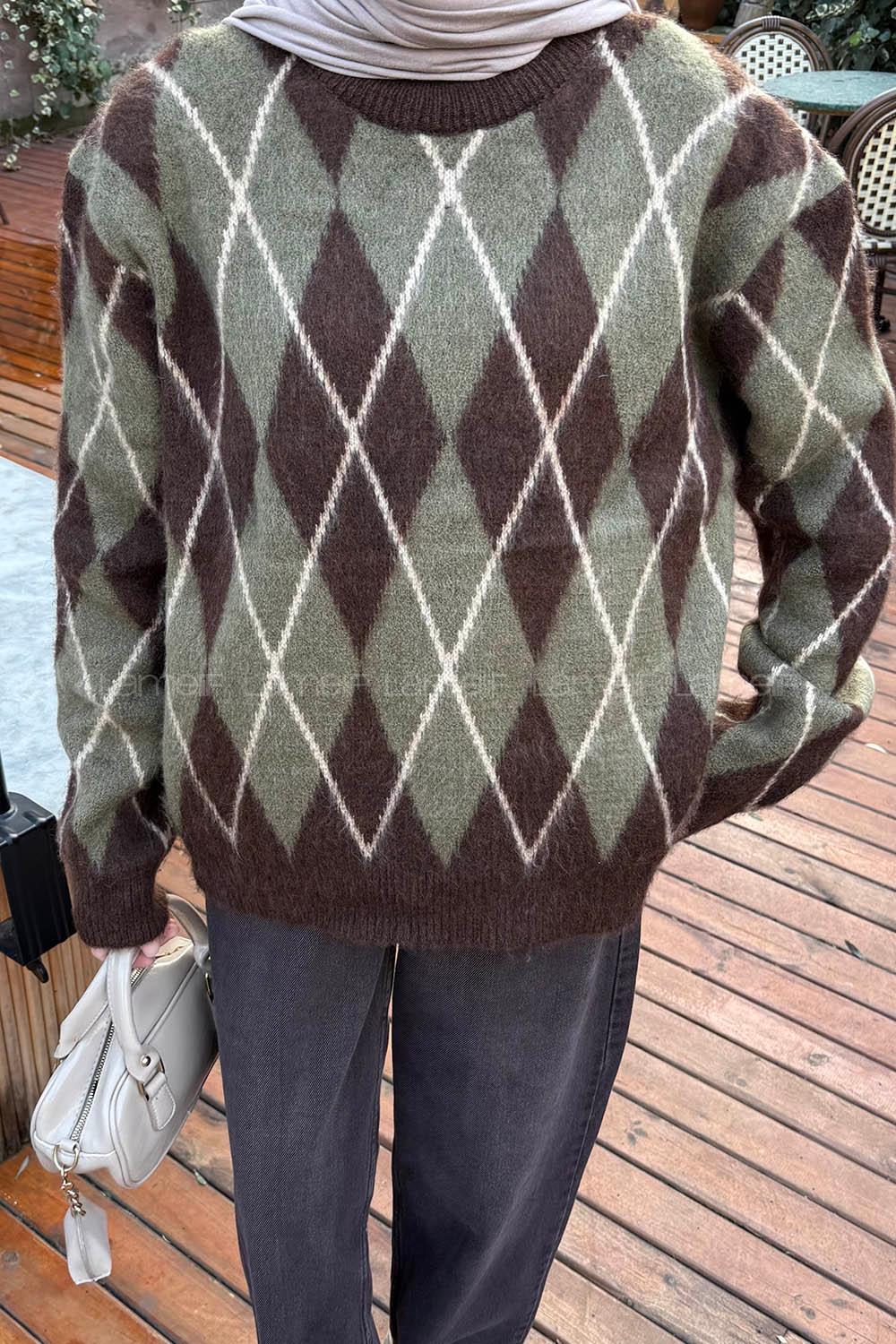 Lamelif Baklava Desen Şardonlu Kazak Kahverengi