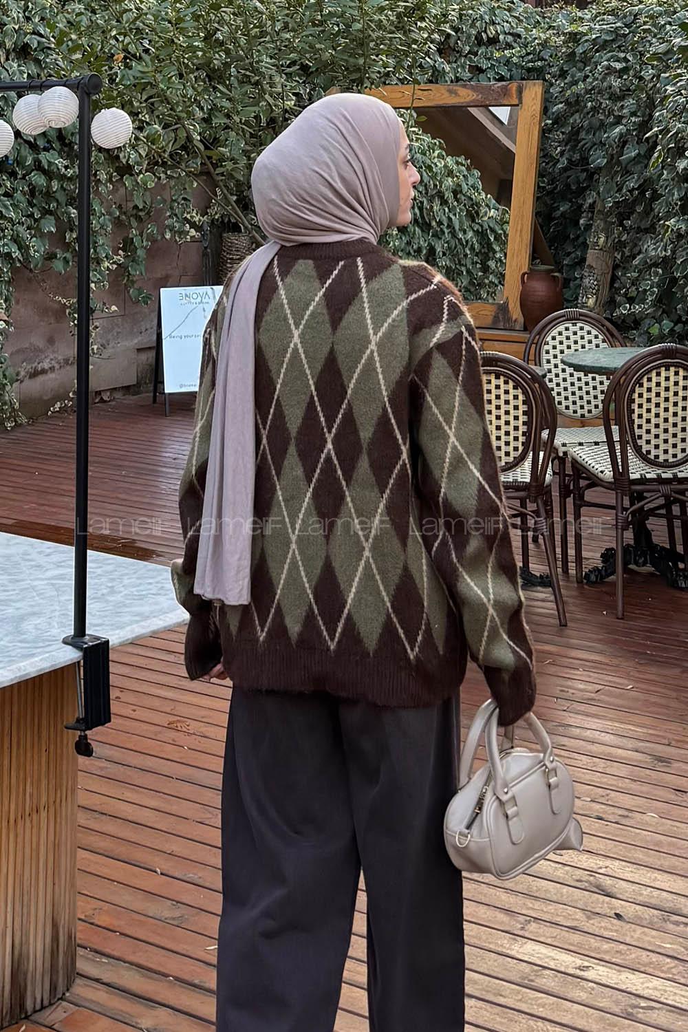 Lamelif Baklava Desen Şardonlu Kazak Kahverengi