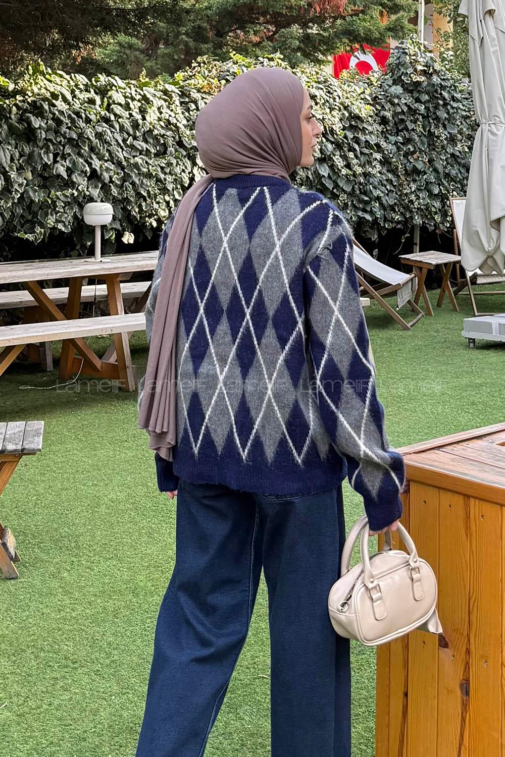 Lamelif Baklava Desen Şardonlu Kazak Lacivert