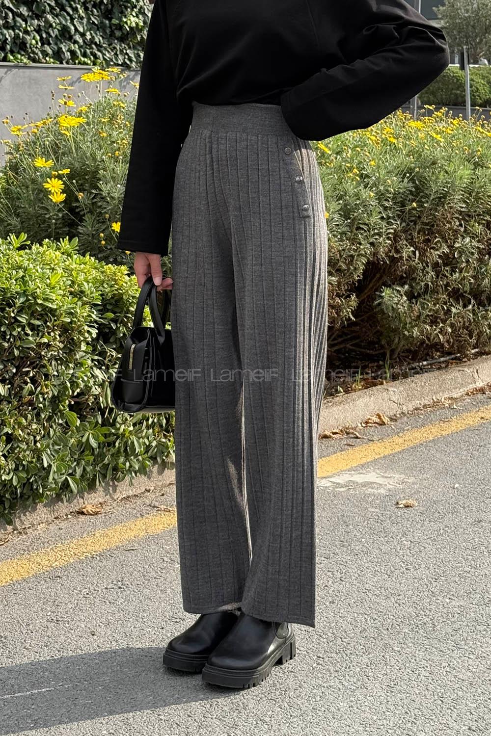 Lamelif Düğme Detaylı Pantolon Gri