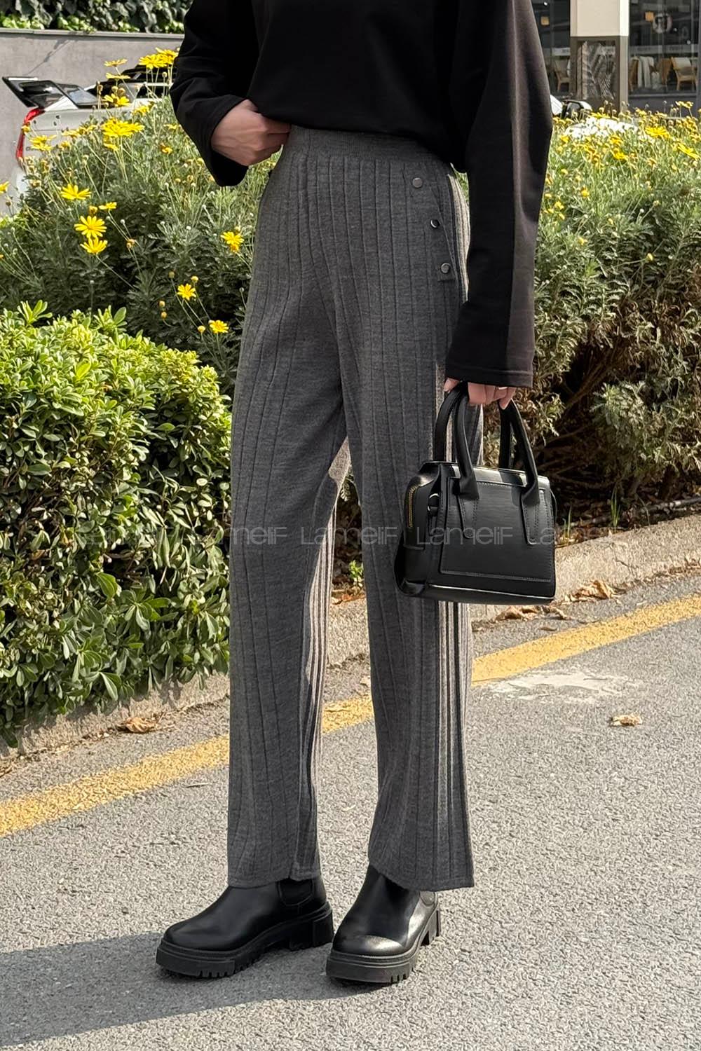 Lamelif Düğme Detaylı Pantolon Gri