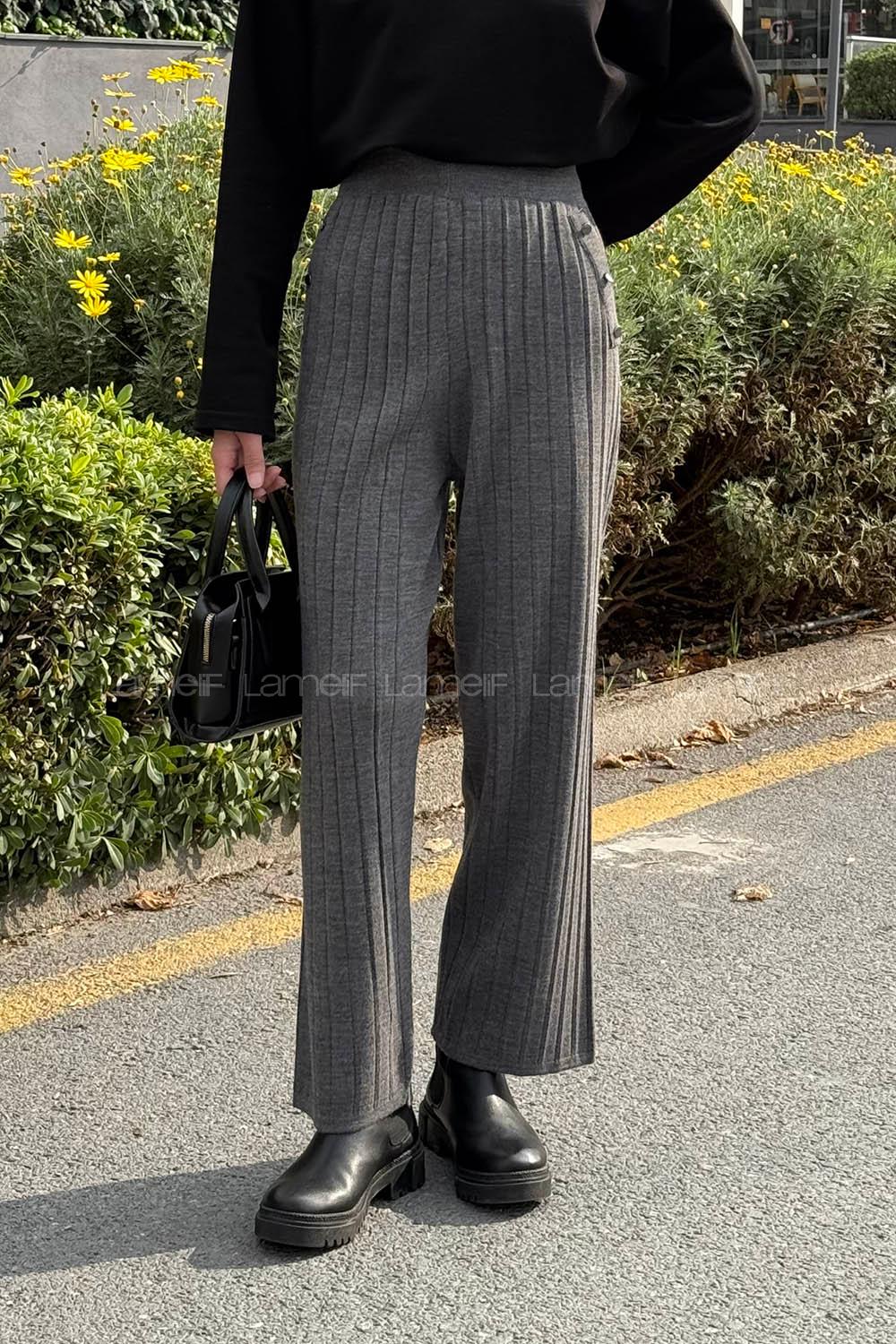 Lamelif Düğme Detaylı Pantolon Gri