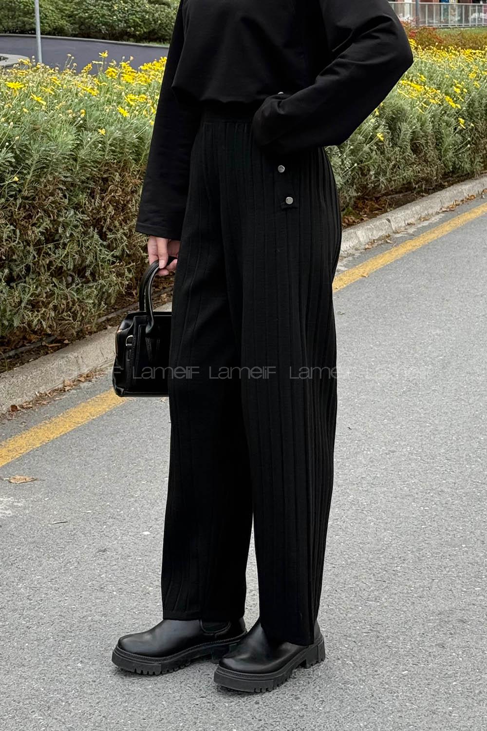 Lamelif Düğme Detaylı Pantolon Siyah
