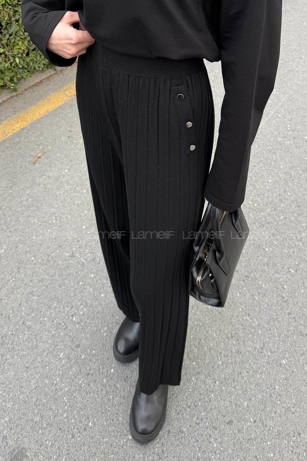 Lamelif Düğme Detaylı Pantolon Siyah