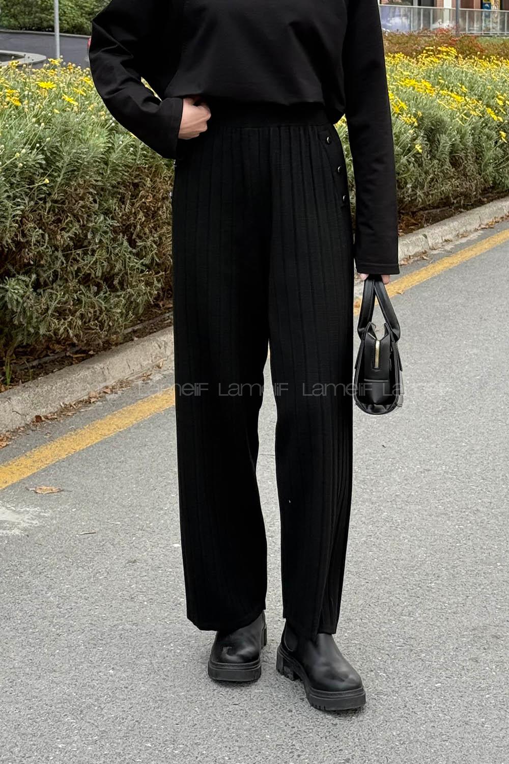 Lamelif Düğme Detaylı Pantolon Siyah