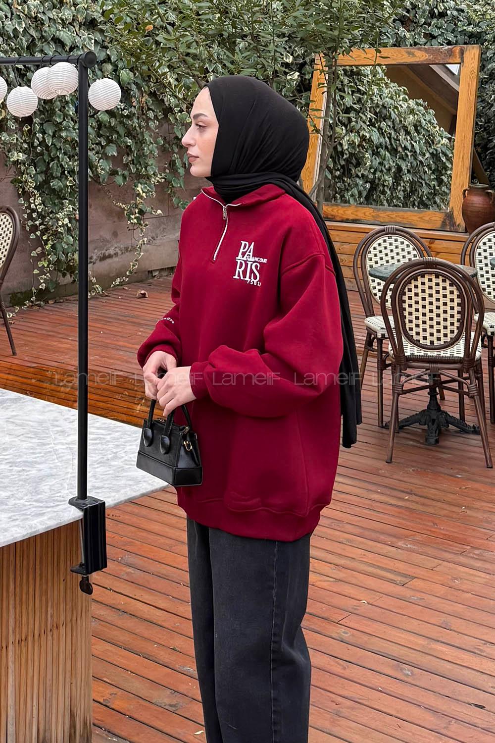 Lamelif Fermuar Yakalı Paris Nakışlı Sweatshirt Bordo