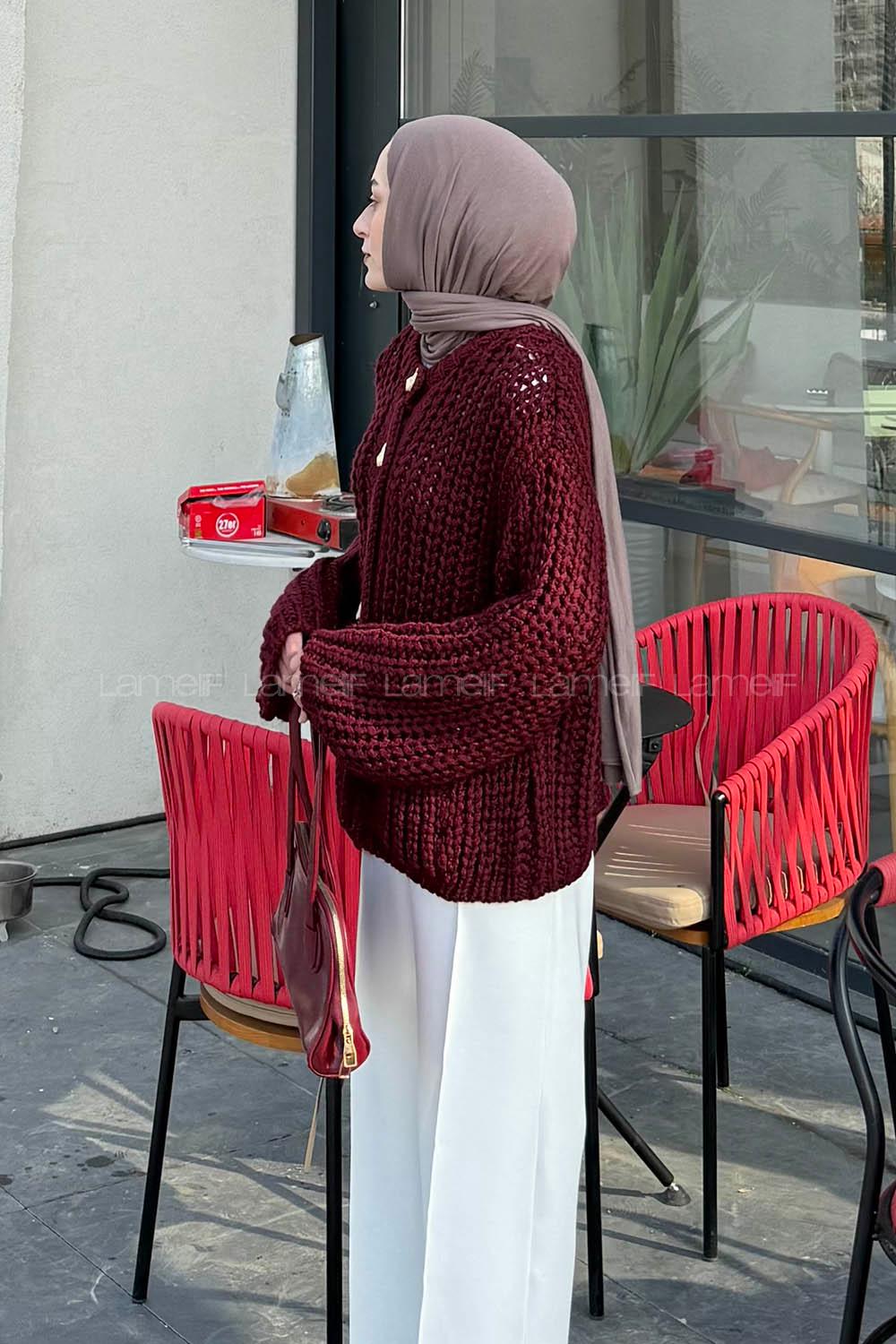 Lamelif Gold Düğme Detaylı Cepli Hırka Bordo