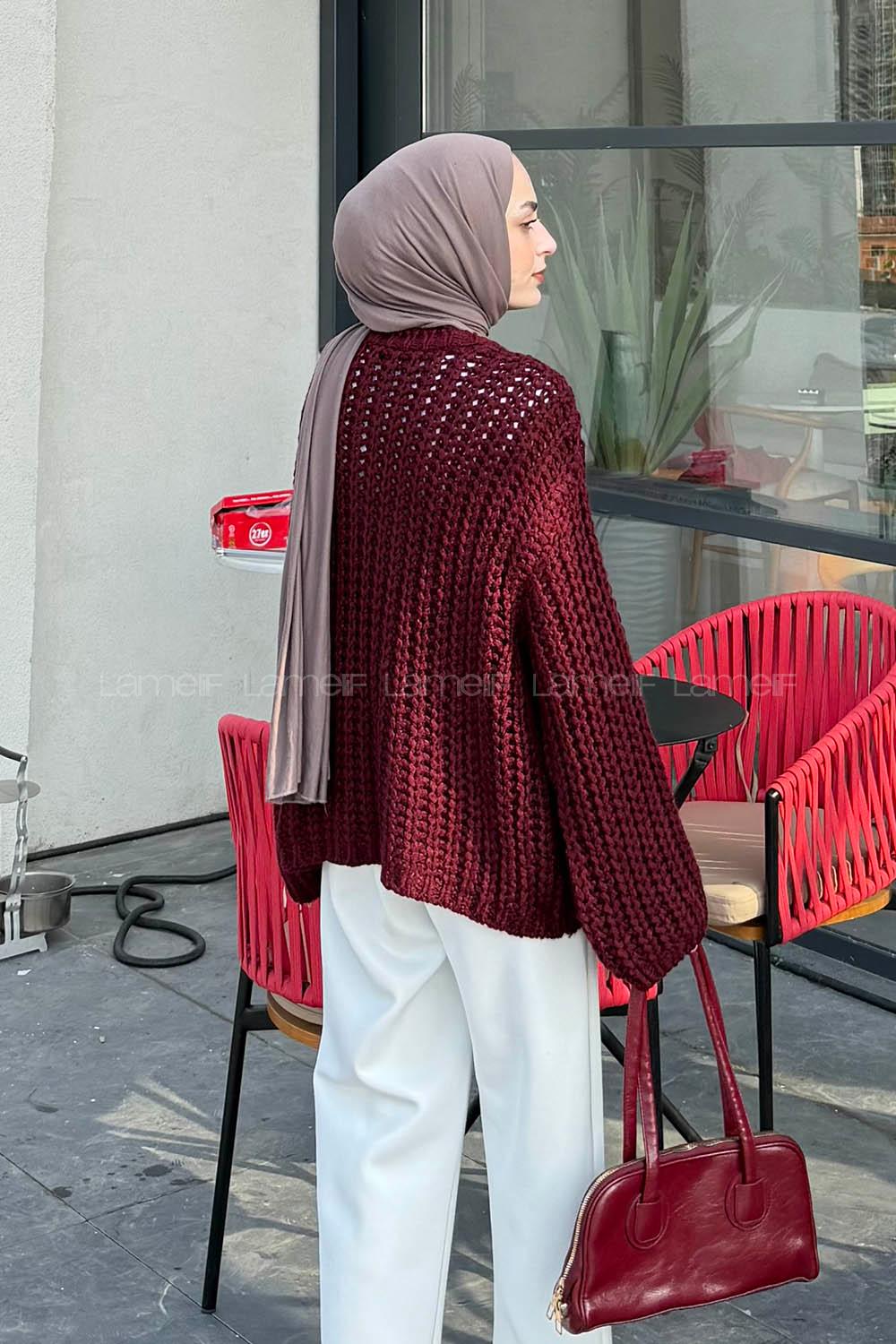 Lamelif Gold Düğme Detaylı Cepli Hırka Bordo