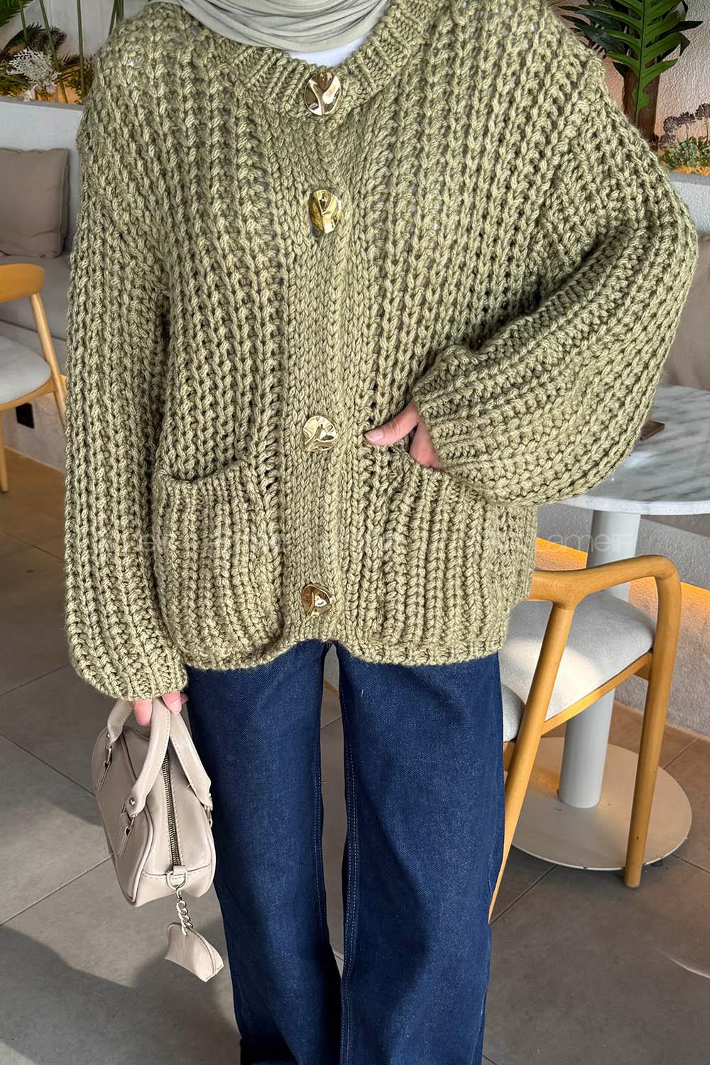 Lamelif Gold Düğme Detaylı Cepli Hırka Haki