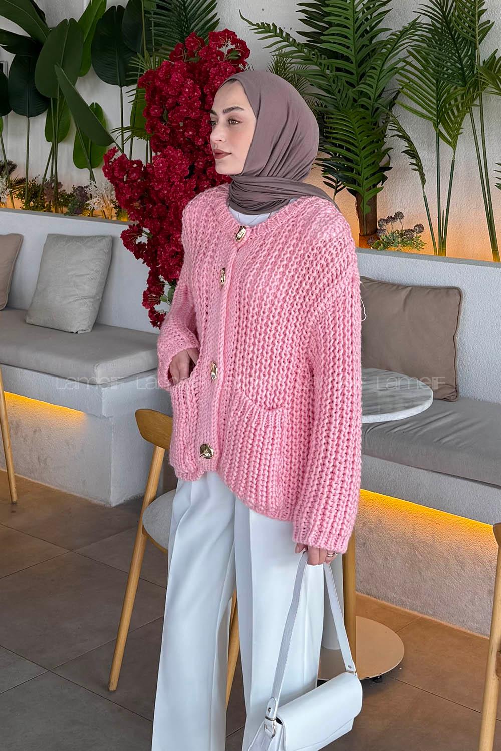 Lamelif Gold Düğme Detaylı Cepli Hırka Şeker Pembe