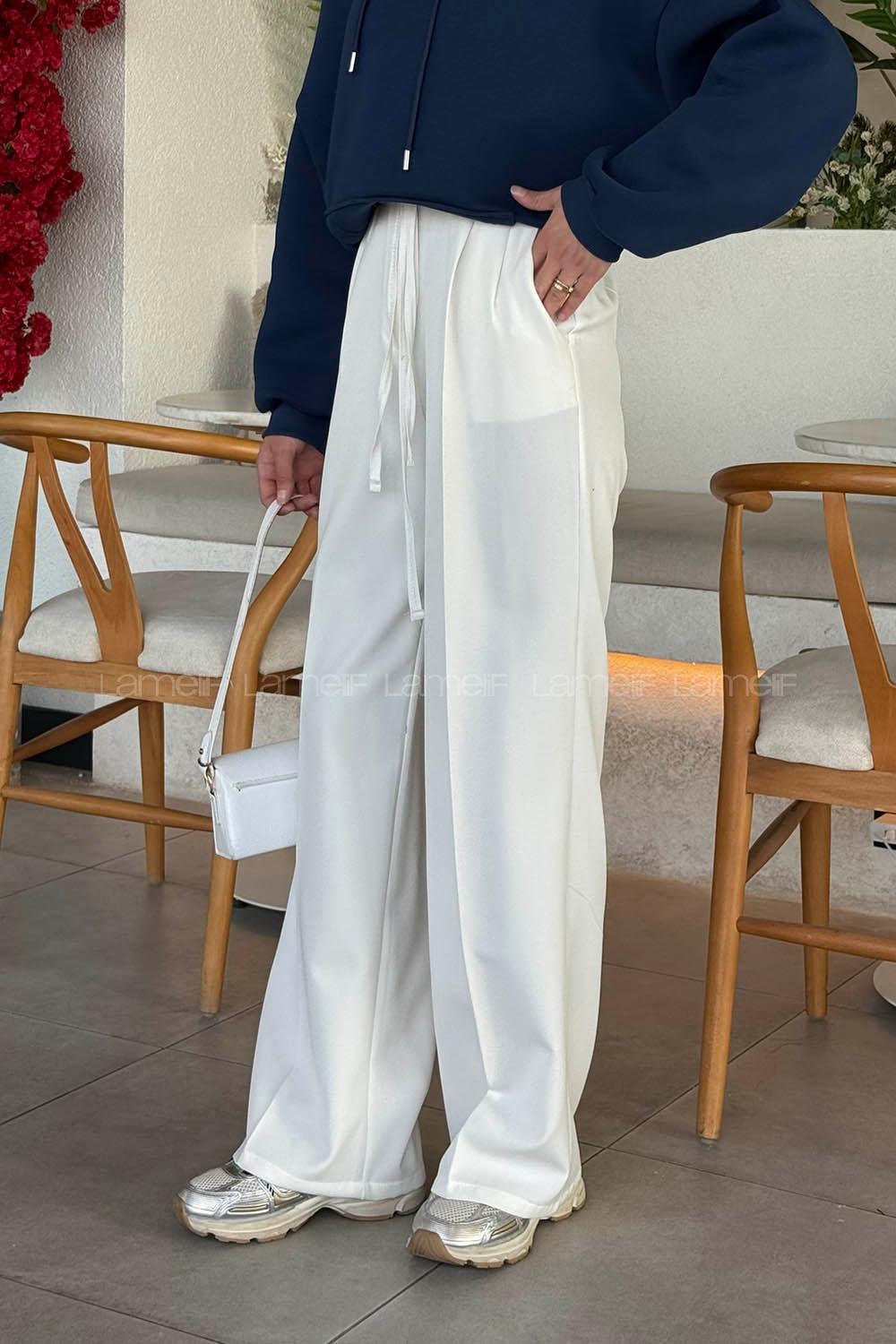 Lamelif İp Detaylı Pantolon Beyaz