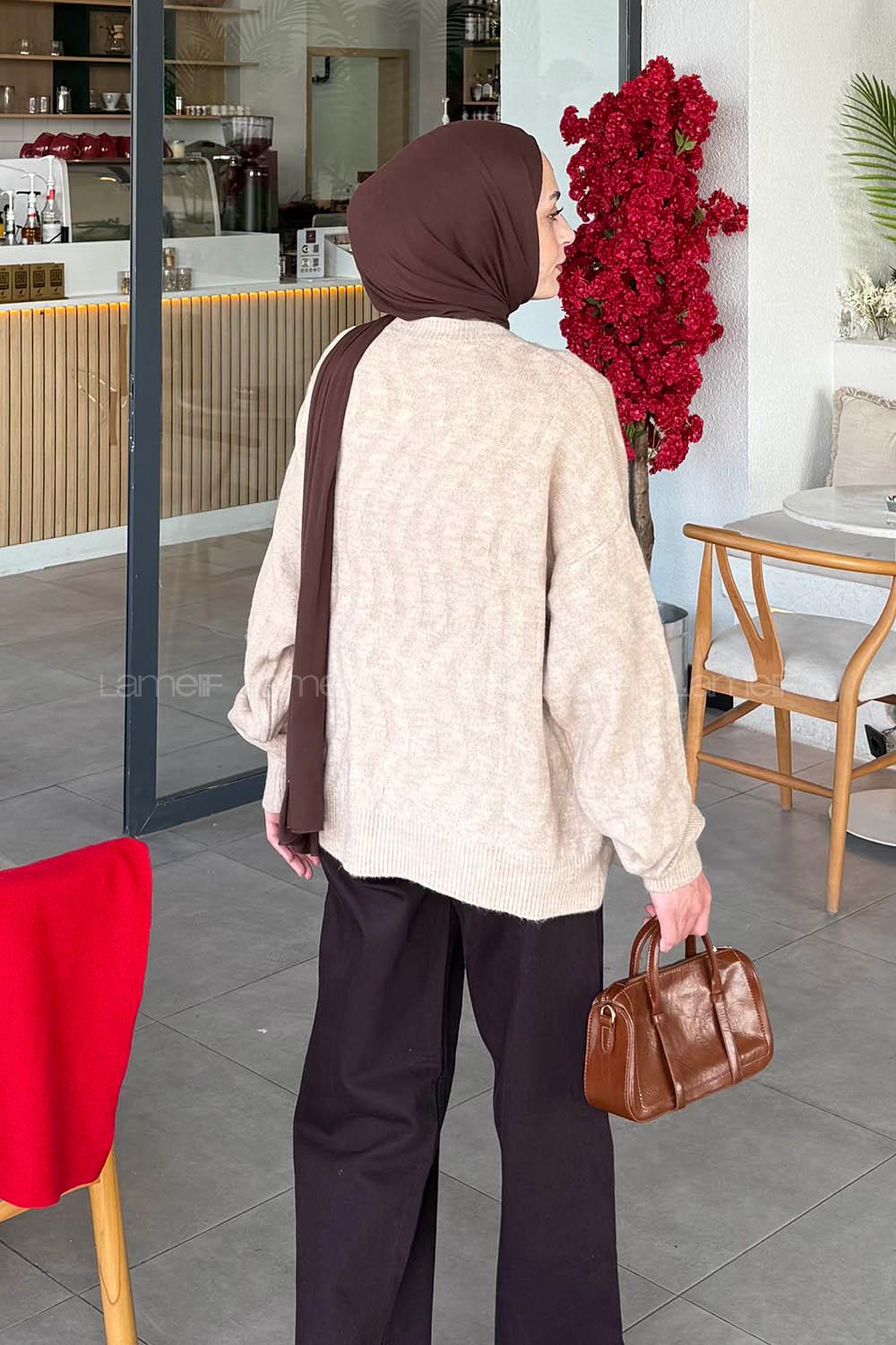 Lamelif Kendinden Desenli Triko Kazak Bej