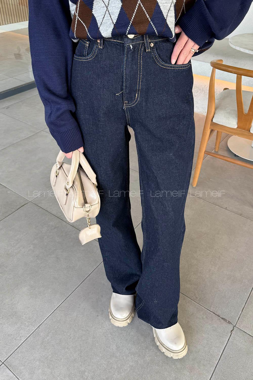 Lamelif Kesik Paça Renkli Dikiş Pantolon Vintage Koyu Mavi Yıkama