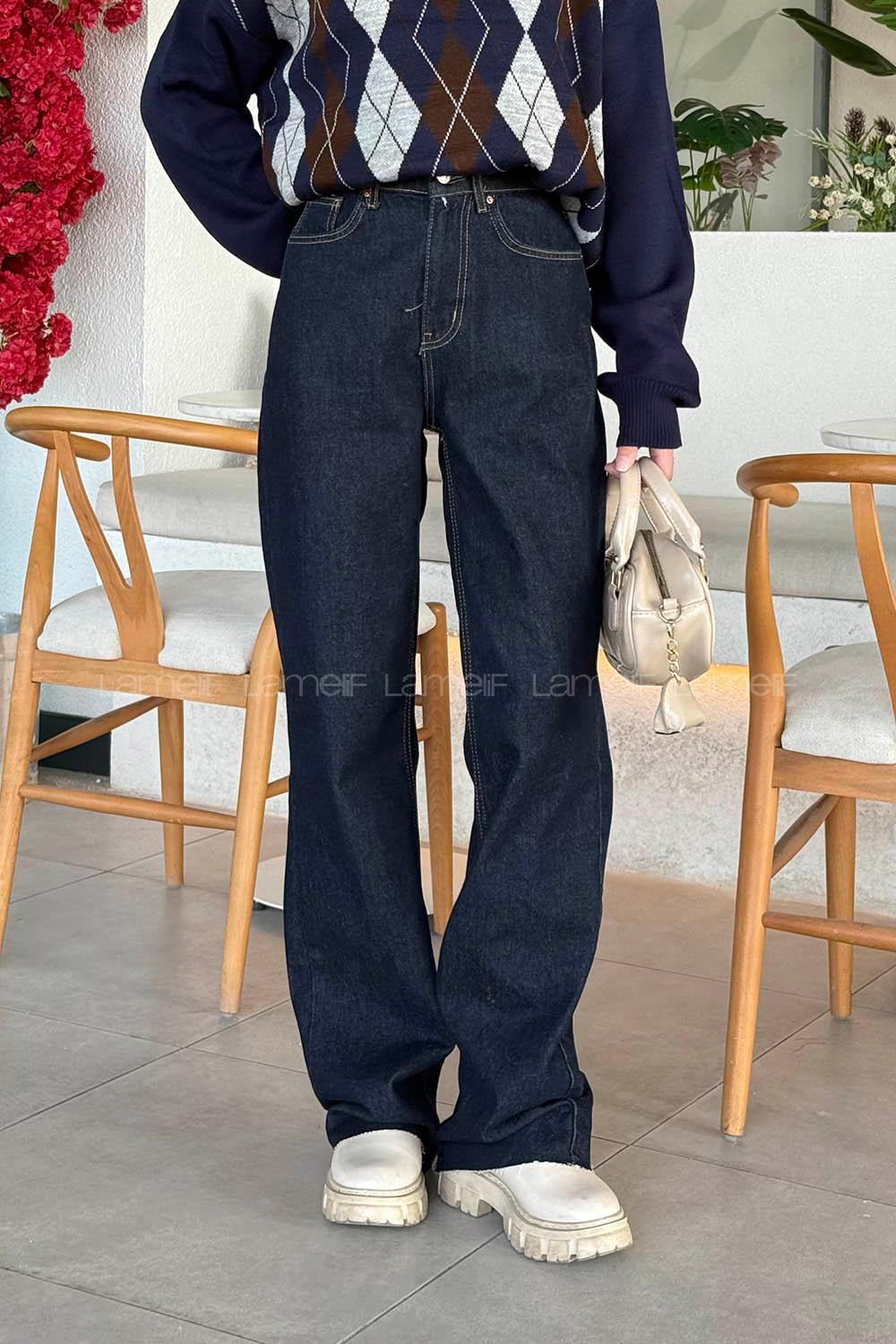 Lamelif Kesik Paça Renkli Dikiş Pantolon Vintage Koyu Mavi Yıkama