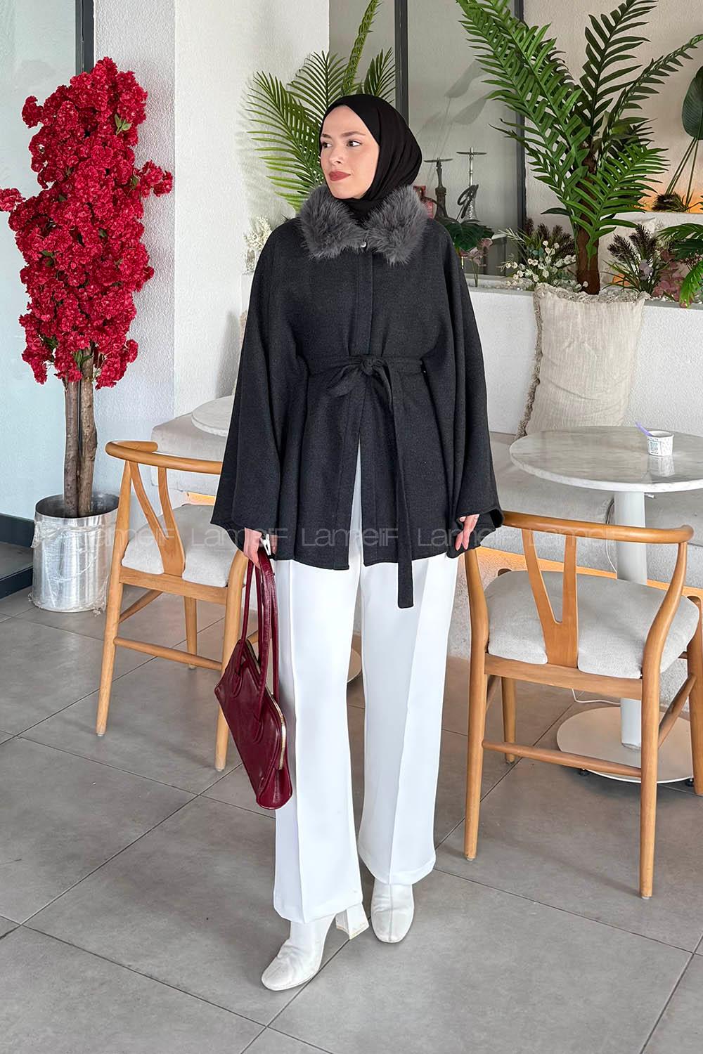 Lamelif Kürk Yaka Panço Antrasit