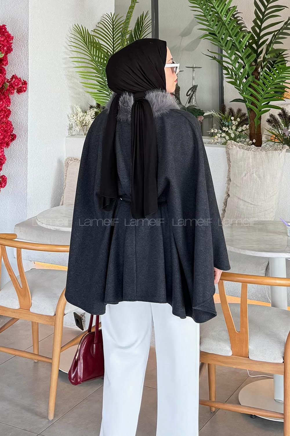 Lamelif Kürk Yaka Panço Antrasit