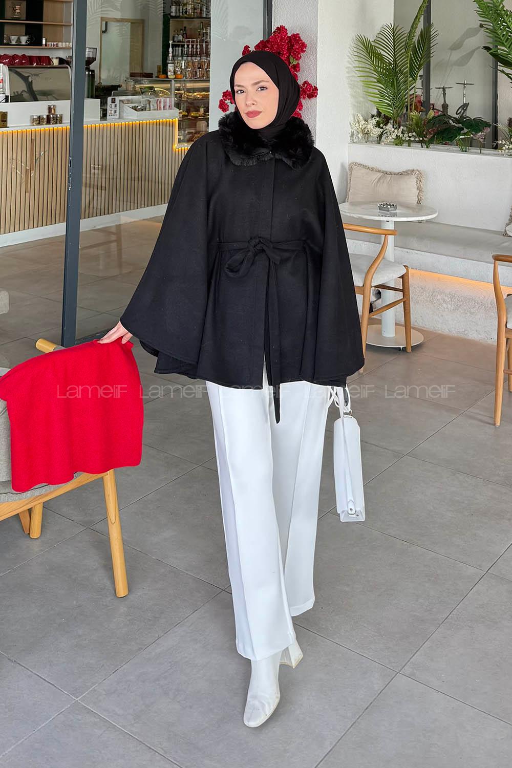 Lamelif Kürk Yaka Panço Siyah