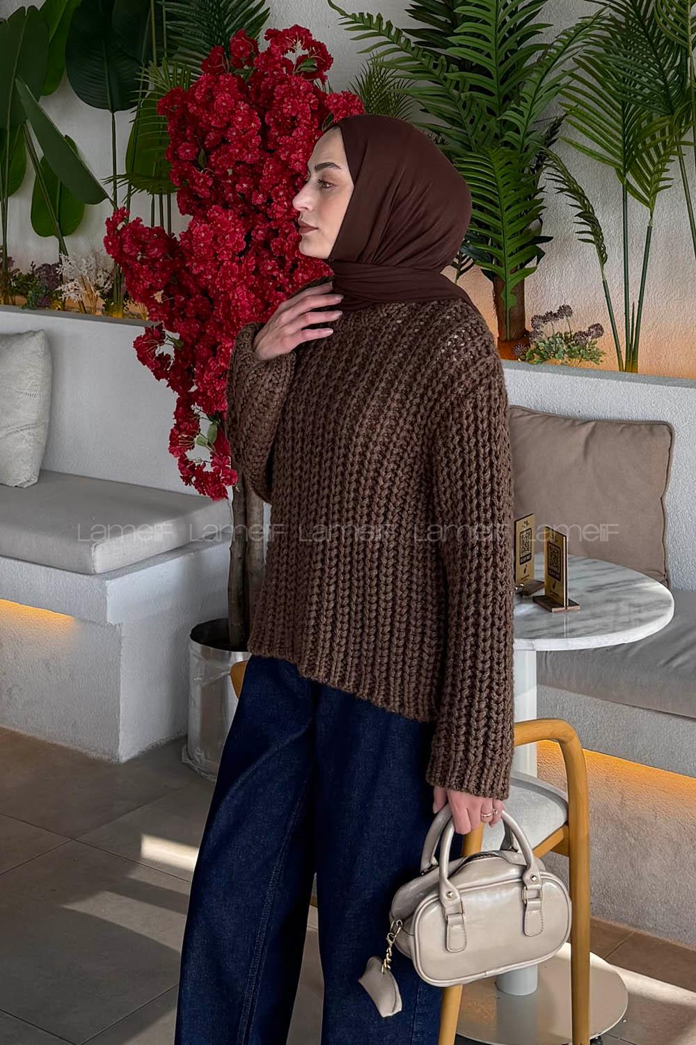 Lamelif Örgülü Kalın Kazak Acı Kahve