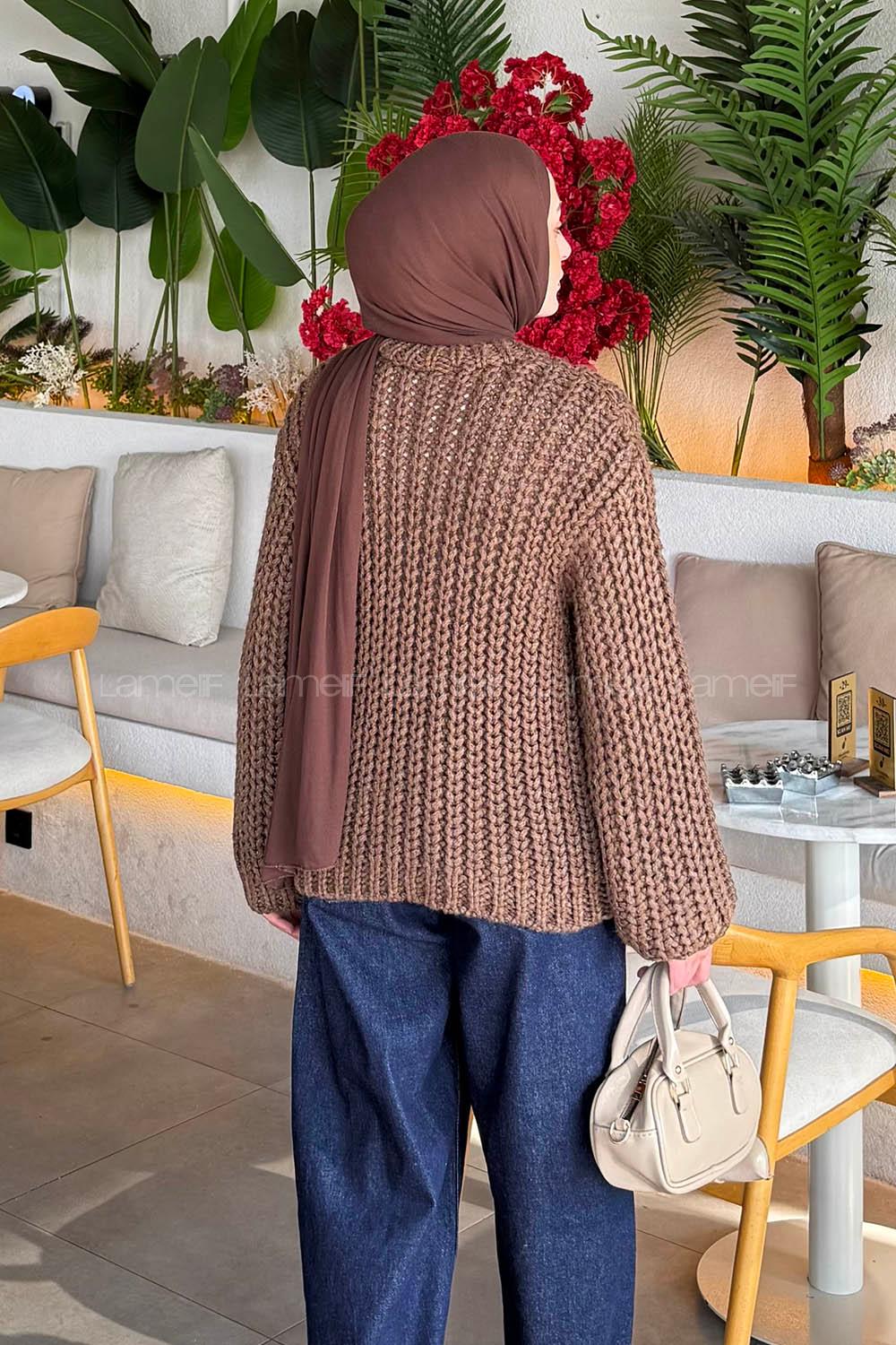 Lamelif Örgülü Kalın Kazak Acı Kahve