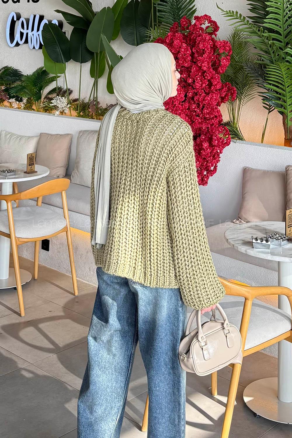 Lamelif Örgülü Kalın Kazak Çağla Yeşili