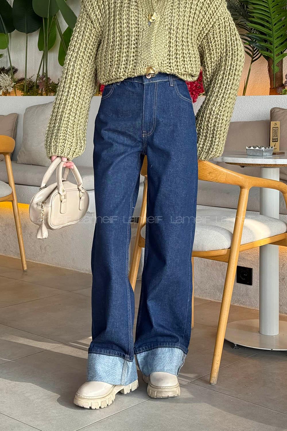 Lamelif Paçası Katlı Kot Pantolon Koyu Mavi