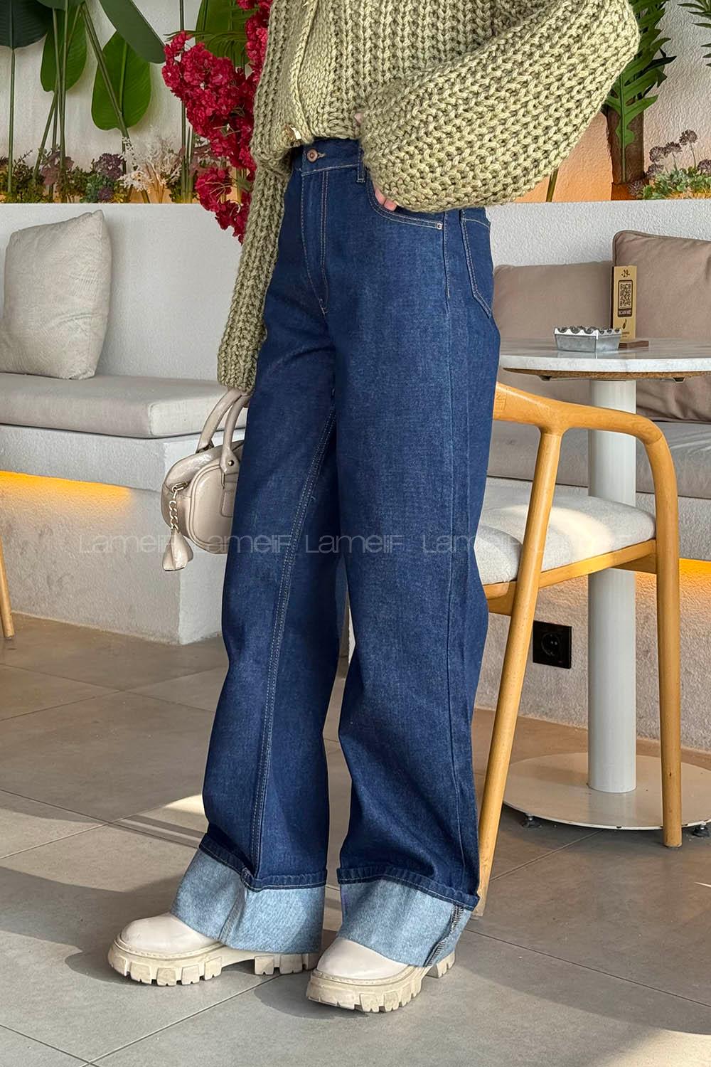 Lamelif Paçası Katlı Kot Pantolon Koyu Mavi