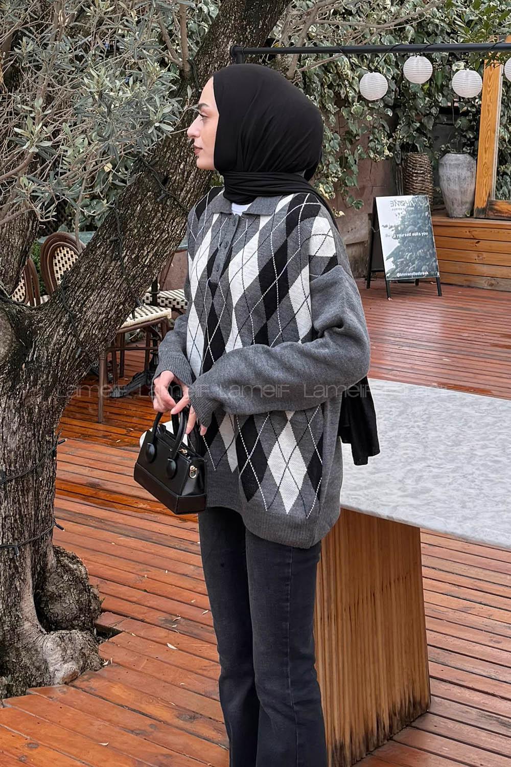 Lamelif Polo Yaka Baklava Desen Kazak Gri