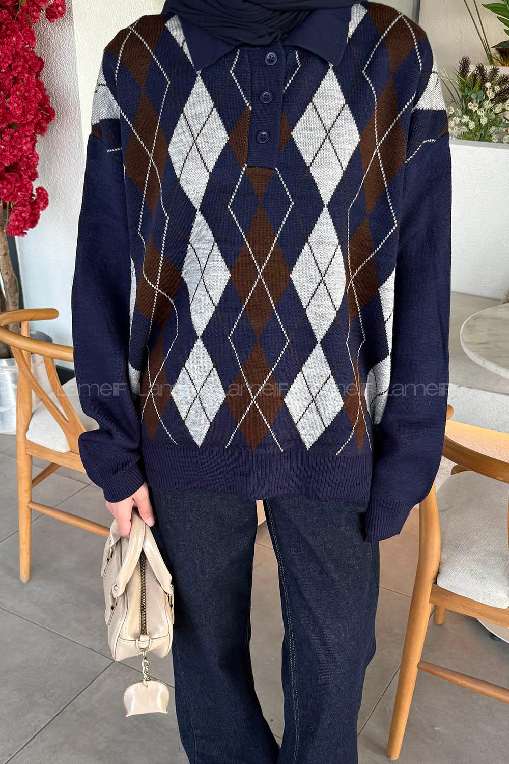 Lamelif Polo Yaka Baklava Desen Kazak Lacivert