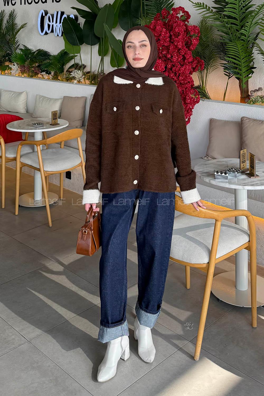 Lamelif Polo Yaka Hırka Acı Kahve