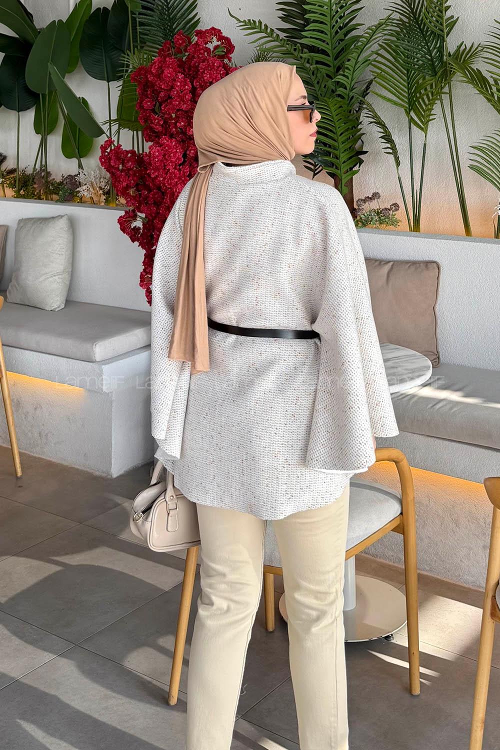 Lamelif Tesettür Kemerli Panço Ekru