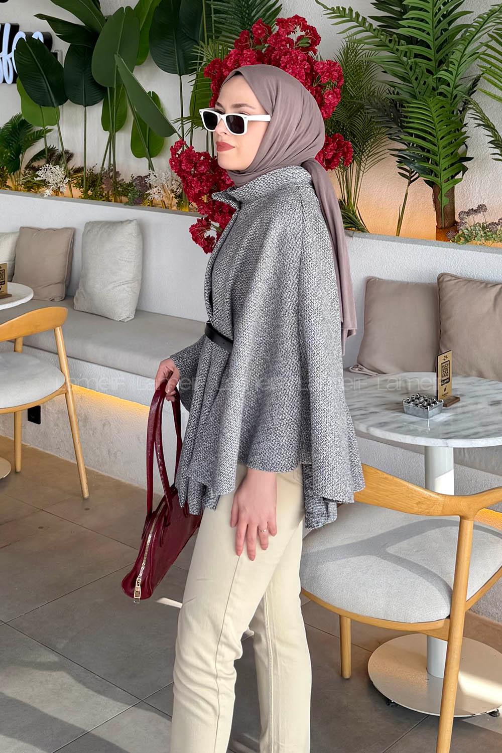 Lamelif Tesettür Kemerli Panço Gri