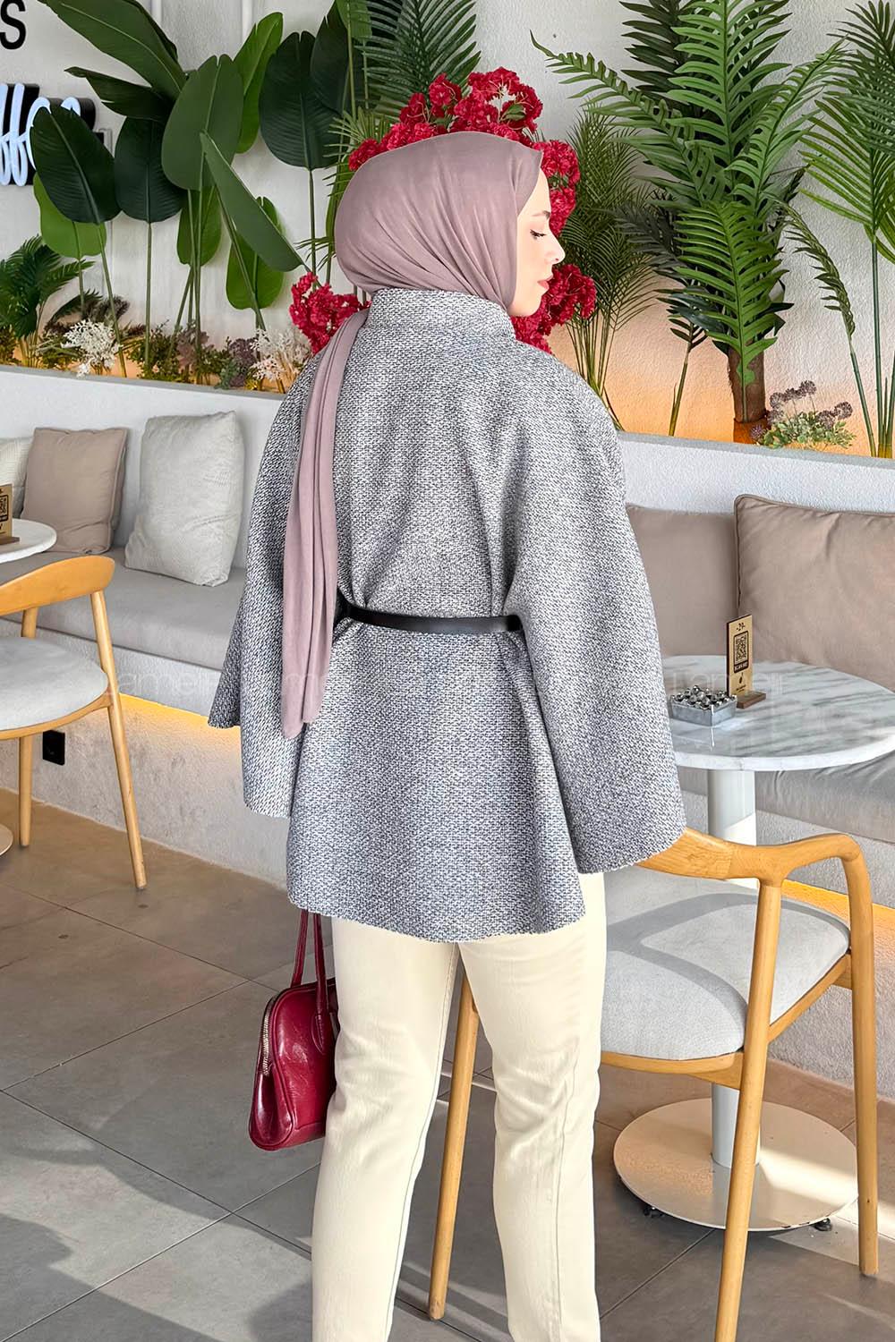 Lamelif Tesettür Kemerli Panço Gri