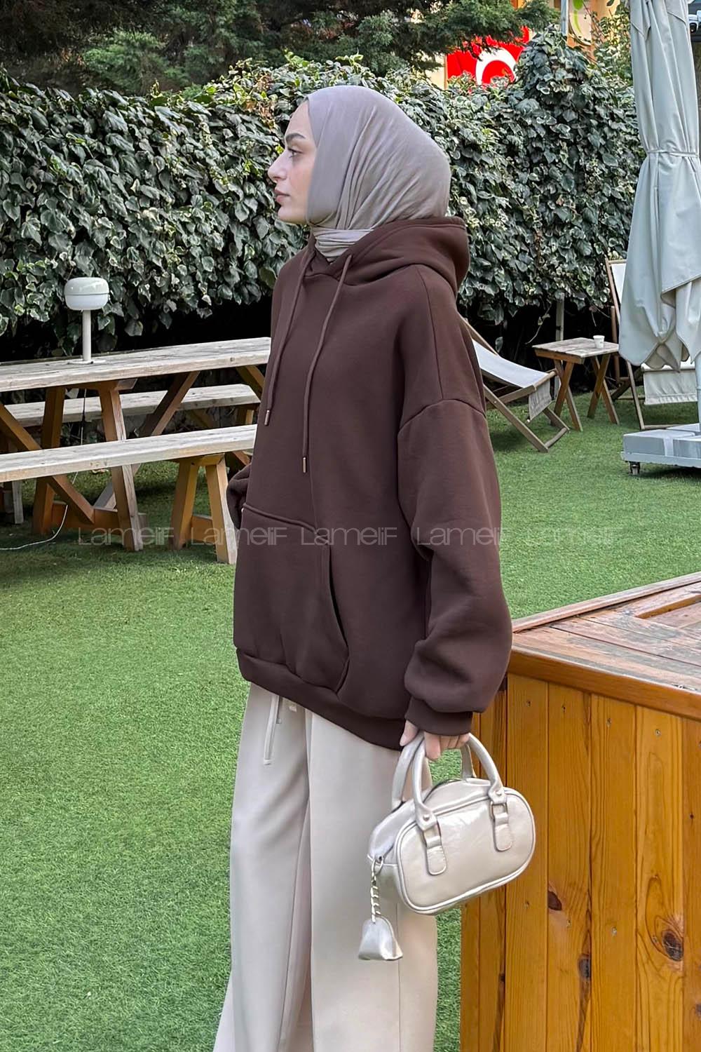 Lamelif Üç İplik Kanguru Cep Sweatshirt Acı Kahve