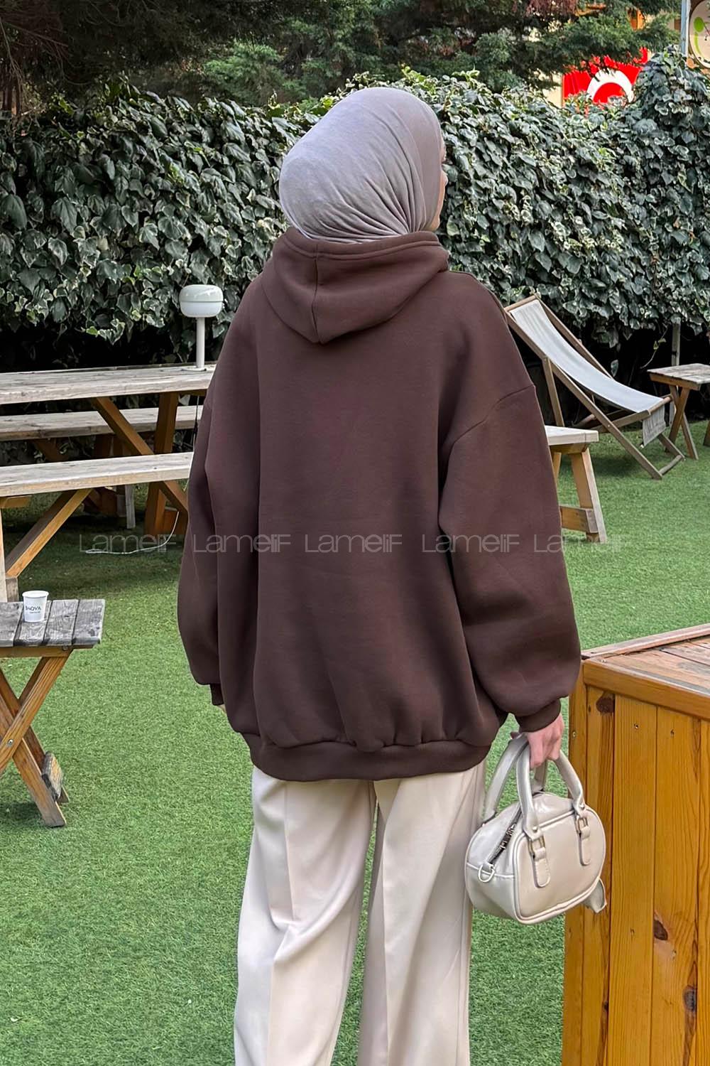 Lamelif Üç İplik Kanguru Cep Sweatshirt Acı Kahve