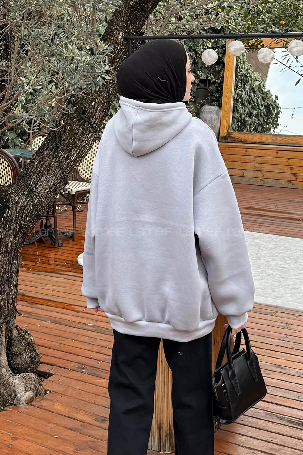Lamelif Üç İplik Kanguru Cep Sweatshirt Açık Gri