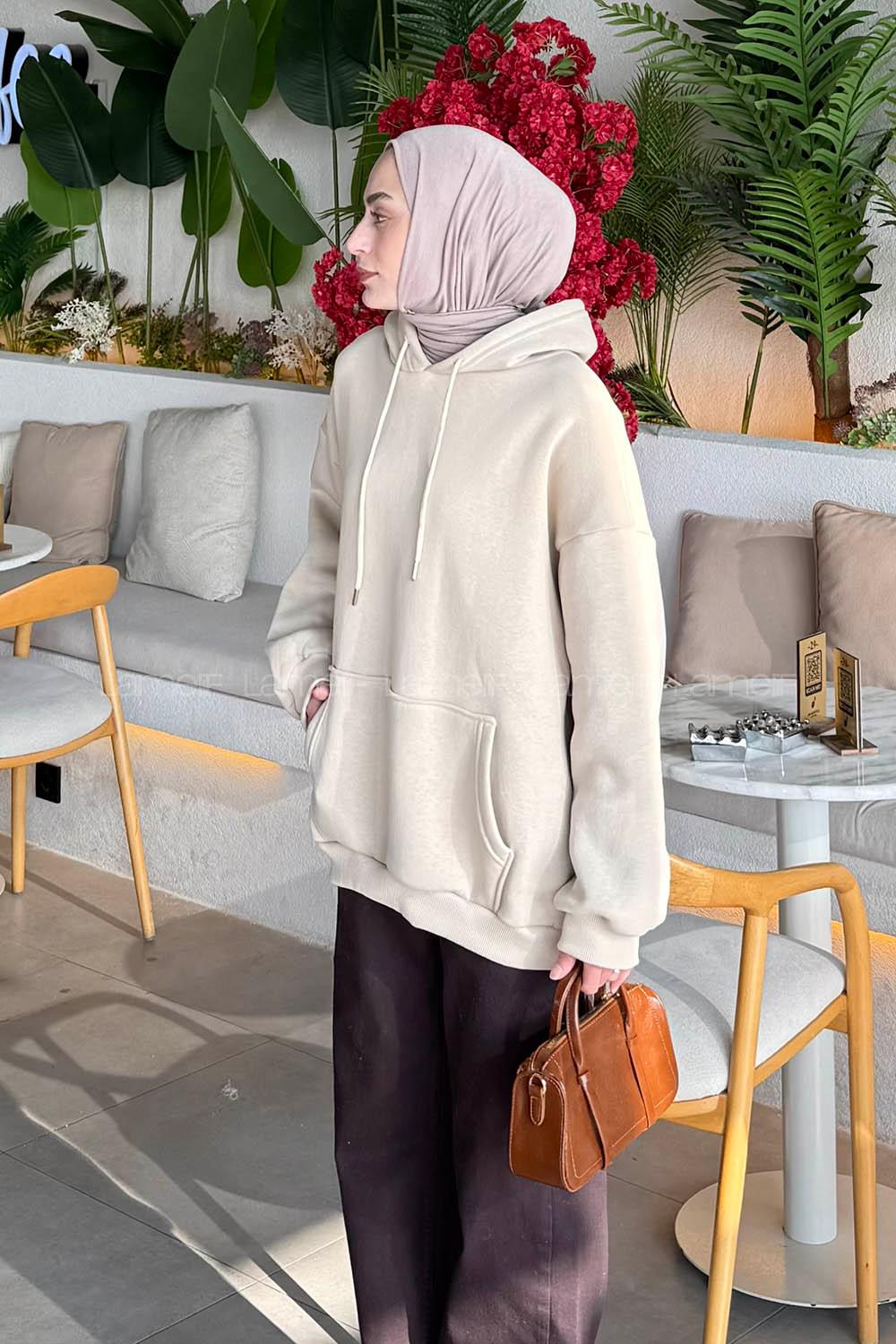 Lamelif Üç İplik Kanguru Cep Sweatshirt Bej