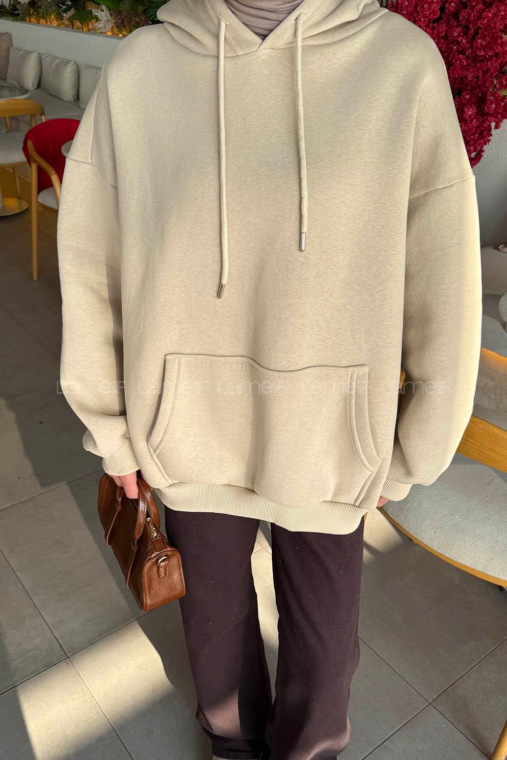 Lamelif Üç İplik Kanguru Cep Sweatshirt Bej