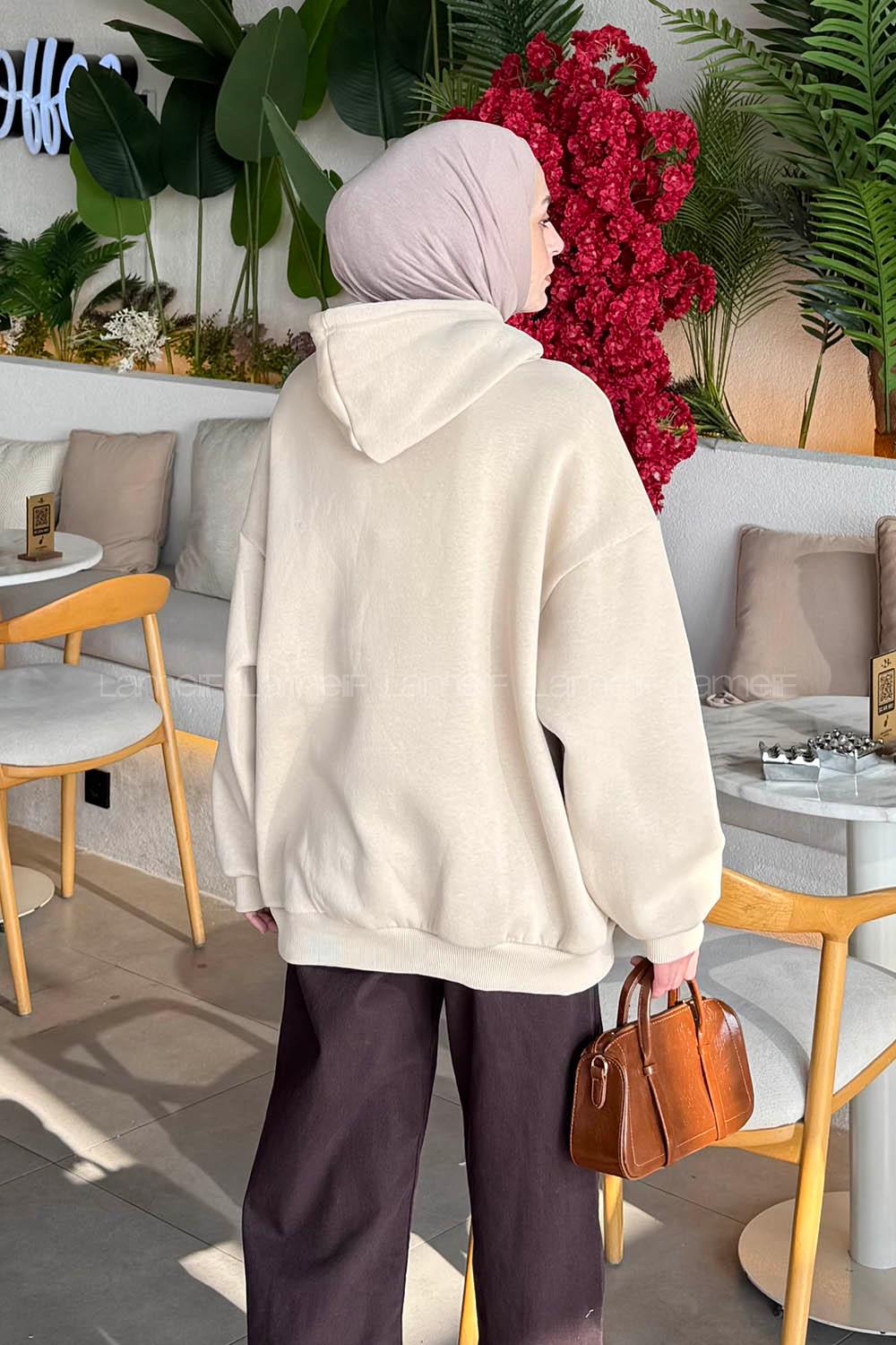 Lamelif Üç İplik Kanguru Cep Sweatshirt Bej