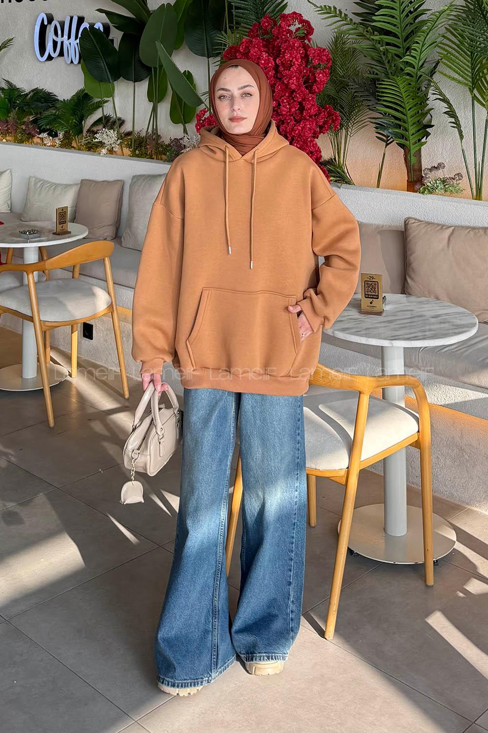 Lamelif Üç İplik Kanguru Cep Sweatshirt Camel