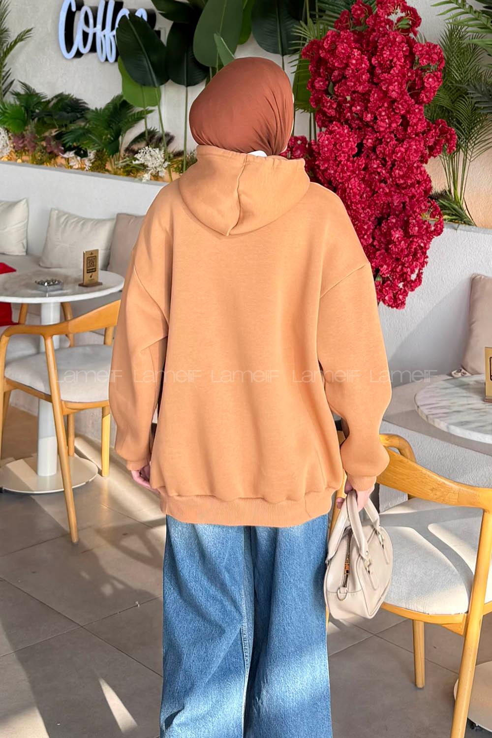 Lamelif Üç İplik Kanguru Cep Sweatshirt Camel