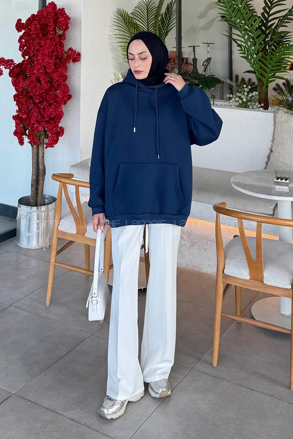 Lamelif Üç İplik Kanguru Cep Sweatshirt İndigo